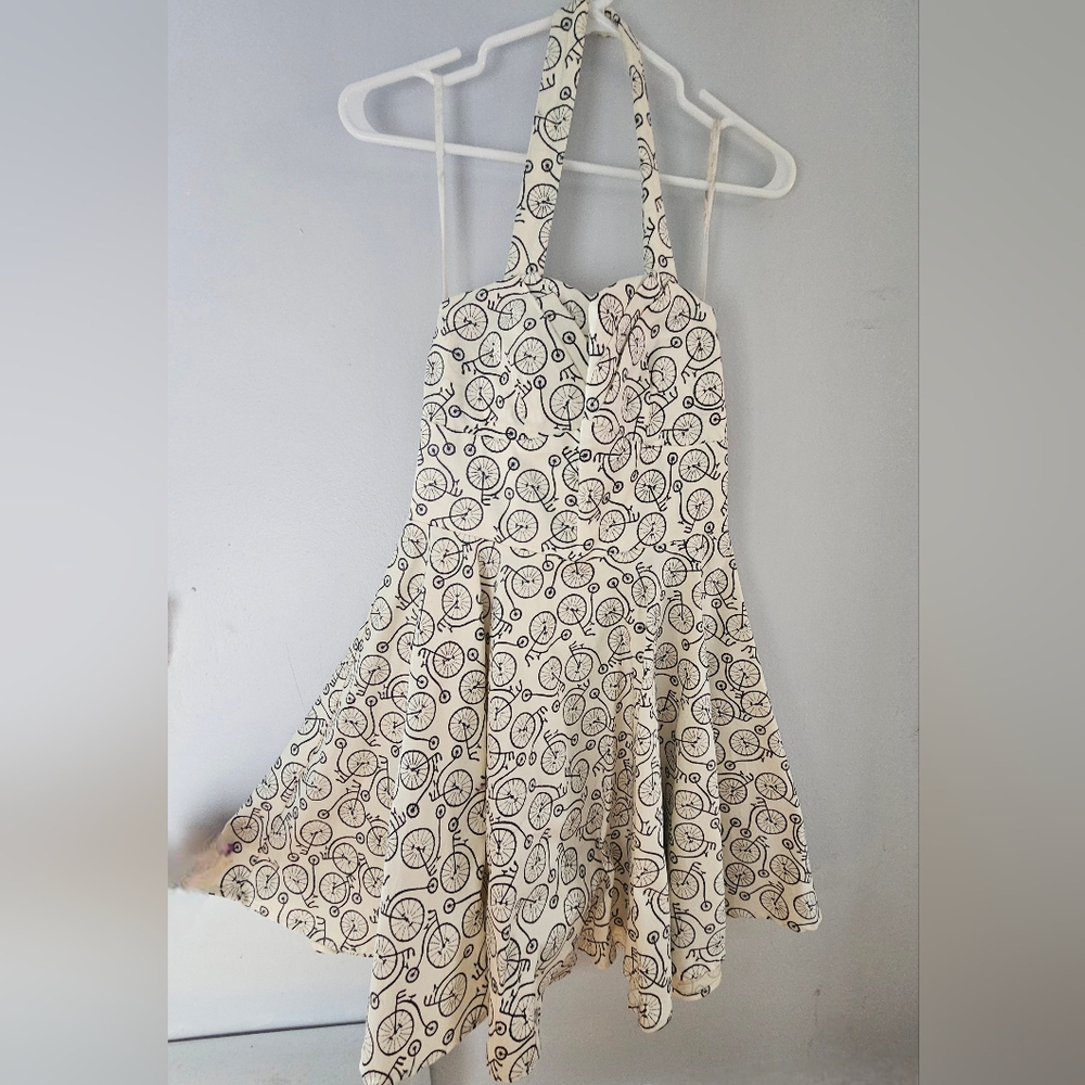 Elegant Cream Bicycle Print Halter Dress